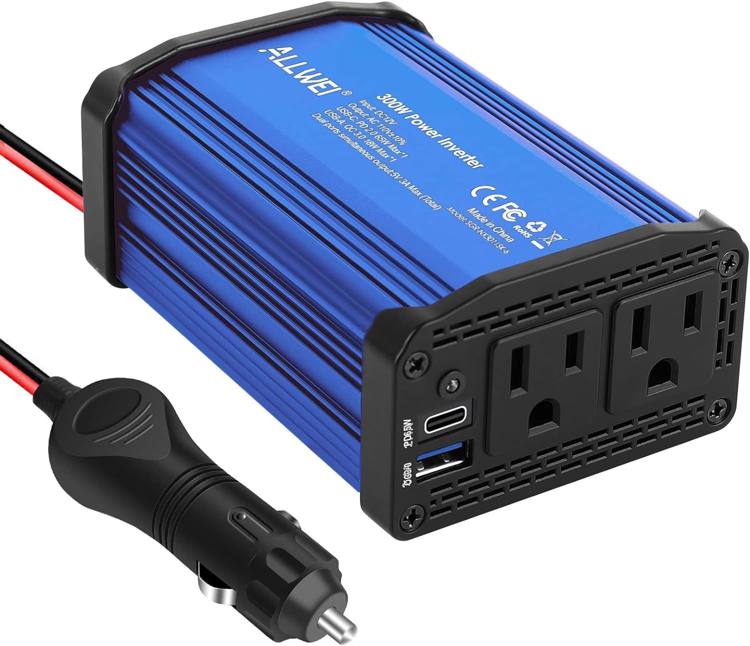 Allwei 300W Car Power Inverter Dc 12V To 110V Ac Power Inverters For, Blue - $37.93