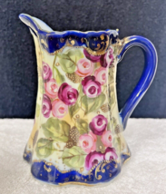 Antique Nippon Hand Painted Pink Rose Cobalt &amp; GOLD Jug Pitcher 5 1/4 in... - £26.75 GBP