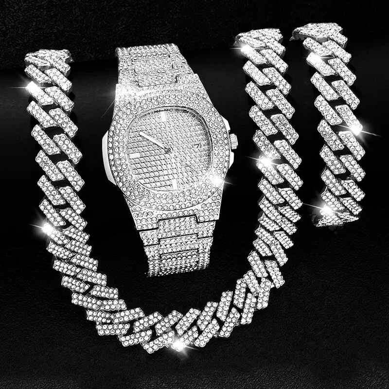 Necklace+Watch+Bracelet Iced Out Cuban Link Chain Bling Choker Jewelry S... - £49.32 GBP