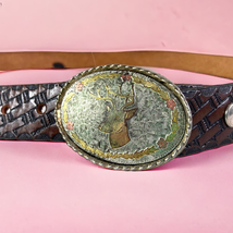 Vintage Leather Belt 49&quot; Brown Elk Buckle Womens Cowboy Cowgirl Western USA - £47.37 GBP