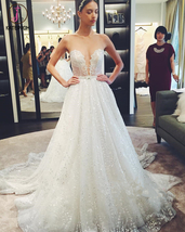 Unique Sparkle White Sequins Long Wedding Dress Bridal Gown Floor Length - £191.72 GBP
