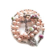 NEW Light Pink Floral Our Father Bead Rosary Glass Catholic Women Girl Gift - $18.99