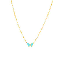 14K Solid Yellow Gold Light Turquoise Buttlerfly Necklace Adjust 16&quot;-18&quot; - £233.37 GBP