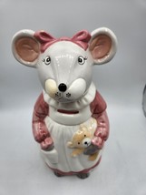 Vintage Ceramic 12 Cookie Jar Mouse Holding Teddy Bear in Apron - $14.60