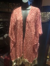 Vintage Style Kimono Freeform Sheer Red Paisley Fringed Cardigan Poncho - £31.00 GBP
