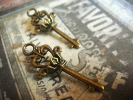 Steampunk Key Pendants Antiqued Bronze 2 Sided Skeleton Keys Crown Top 1... - $3.88+