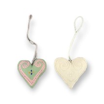 Heart Christmas Ornaments Stitched Fabric Off White &amp; Green and Pink (Pair) - £4.74 GBP