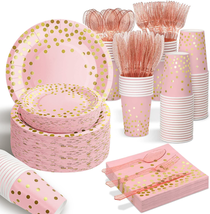 Pink Rose Gold Plates Napkins Party Supplies, 175 PCS Severs 25 Disposable Party - £31.72 GBP