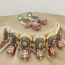 Indian Bollywood Style Gold Plate Kundan Choker Necklace Gray Jewelry Set - £37.35 GBP