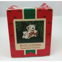 Vtg 1987 Hallmark Keepsake Ornament Spots &#39;N Stripes Puppy With Candy Cane Bone - £3.78 GBP