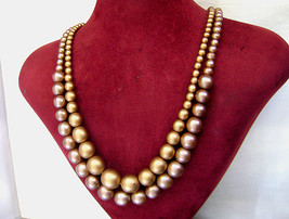 Vintage Brass and Bronze Necklace Graduated Glass  Metallic Pearl 2 Strand - £22.02 GBP