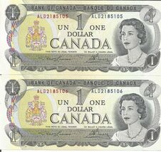 Canada  1973   Two, One Dollar  UNC Banknotes # 2 - $9.89
