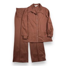 Vtg 70s 80s Country Craft 2pc Brown Polyester Leisure Suit Shirt Jacket Pants 16 - £37.82 GBP