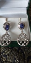 Vintage 1980-s Sapphire Sterling Silver Drop Earrings - Beautiful Design! - £76.31 GBP