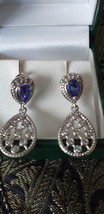 Vintage 1980-s Sapphire Sterling Silver Drop Earrings - Beautiful Design! - £77.53 GBP