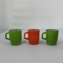 3 Fire King Green Orange Coffee Mugs D Handle Stackable Vtg Retro US MCM Hocking - $39.59