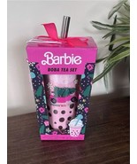 BARBIE BOBA TEA SET GLASS TUMBLER W/METAL STRAW STRAWBERRY TEA MIX W/BOB... - $44.95 CAD