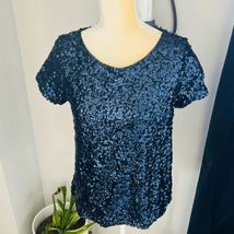 White House Black Market Classic Stretch Sequin Tee Ballet Top, Small, Navy, NWT - £44.23 GBP