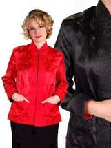 VTG Reversible Rayon Satin Evening Jacket Red Damask Black Chrysanthemum... - $49.45