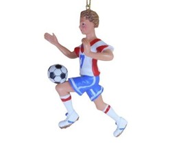 Silver Tree Ornament Male Soccer Player Christmas Red White Blue - £5.43 GBP