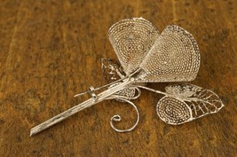 Vintage Estate Jewelry 800 Silver Filigree Long Stem Floral Flower Brooch Pin - £19.56 GBP