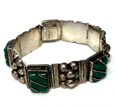 Vintage Sterling Silver MEXICO Green Onyx Panel 7&quot; Statement Bracelet - $120.00