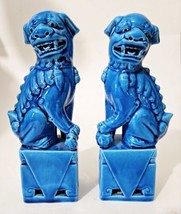 Pair Antique Chinese Royal Blue Glaze Buddhist Guards Fu Lion Porcelain Figures - £65.29 GBP