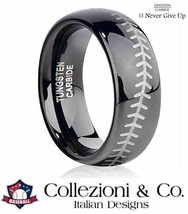 Mens Tungsten Carbide Steel Baseball Player Stitch 8mm Domed Ring Black Band USA - £11.79 GBP