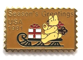 USPS Christmas Stamp USA 1981 Pin Season’s Greetings Teddy Bear Sleigh H... - $9.99