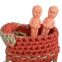 2 Vtg Celluloid Baby Dolls Hard Plastic 3 1/4&quot; And Hand Crocheted Crib - £8.80 GBP