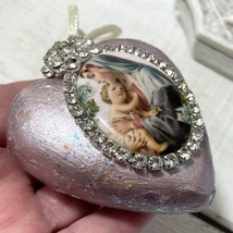 Shabby Lavender Madonna and Child Rhinestone Christmas Ornament Religious Decor  - £55.81 GBP