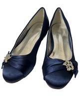 Womens Navy Blue Satin Flats Sz 8 Rhinestone Flower  Wedding Almond Toe Slip On - £15.89 GBP