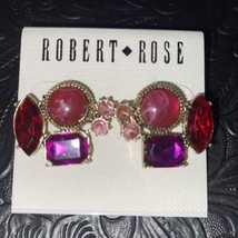 Vintage Robert Rose Rhinestone Earrings Gold Tone Purple Red &amp; Pinks New - £9.02 GBP