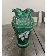 Vrg FENTON Designer Series Vase Emerald Green Iridescent Purple Lily Signed - $203.09 CAD