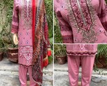 Pakistani Tea Pink Printed Straight Shirt 3-PCS Lawn Suit / Threadwork ,L - £39.83 GBP