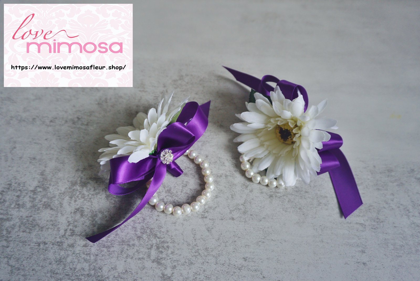 Ivory Gerbera Daisy Royal Purple Ribbon Wrist Corsage, Bridesmaid Gifts - $17.80