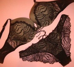 Victoria&#39;s Secret 32D Bra Set Xs,S Panty Black Beige Lace Up Very Sexy Push Up - £62.75 GBP