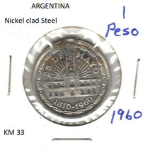 Argentina 1 Peso, nickel clad steel, 1960, KM 33 - £0.79 GBP