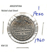 Argentina 1 Peso, nickel clad steel, 1960, KM 33 - $1.00