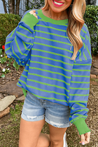 Sky Blue Stripe Trimmed Round Neck Drop Shoulder Loose Sweater - £27.79 GBP