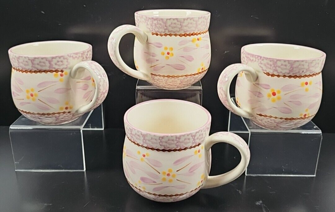 4 Temp-tations Old World Lilac Mugs Set Sponge Floral Pink Yellow Coffee... - $39.57