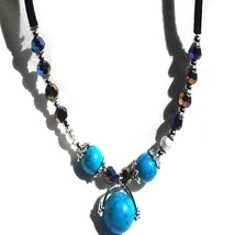 Black Wool Cord Necklace with Simulated Turquoise, Faceted Glass &amp; Silver Beads - £19.49 GBP