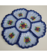 Hand Painted Portugal Pottery Divided Vegetable Dish Floral Blue Scallop... - $39.59