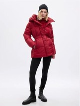New GAP Women Red Puffer Jacket Cinched Waist Quilted Hooded Elastic Sz ... - £63.58 GBP