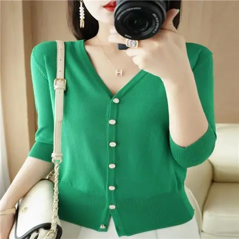  Solid Color V-Neck Button  Cardigan  Women&#39;s Clothing  Autumn New Casual Tops A - £85.75 GBP