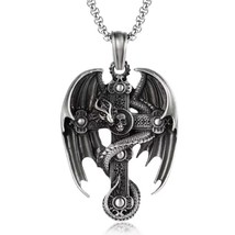 Mens Punk Winged Dragon Skull Cross Pendant Gothic Retro Rock Necklace Chain 24&quot; - £7.75 GBP
