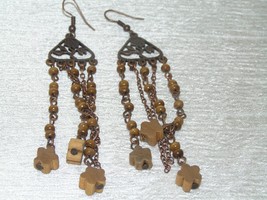 Estate Antique Bronze Floral Triangle with Long Wood Bead Flower Dangles Earring - £8.30 GBP