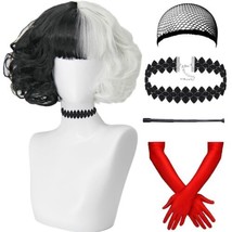 Cruella Deville Black and White Costume Wig w/Gloves, Choker Necklace and Cap - £27.96 GBP
