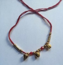 Good Luck Hindu red thread with 3 dangling bells Bracelet 24 Ct Gold affect V1 - $6.62