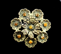 Golden Rhinestone FLOWER CLUSTER PIN Vintage Brooch Dark Goldtone Round 1 1/4&quot; - £11.80 GBP